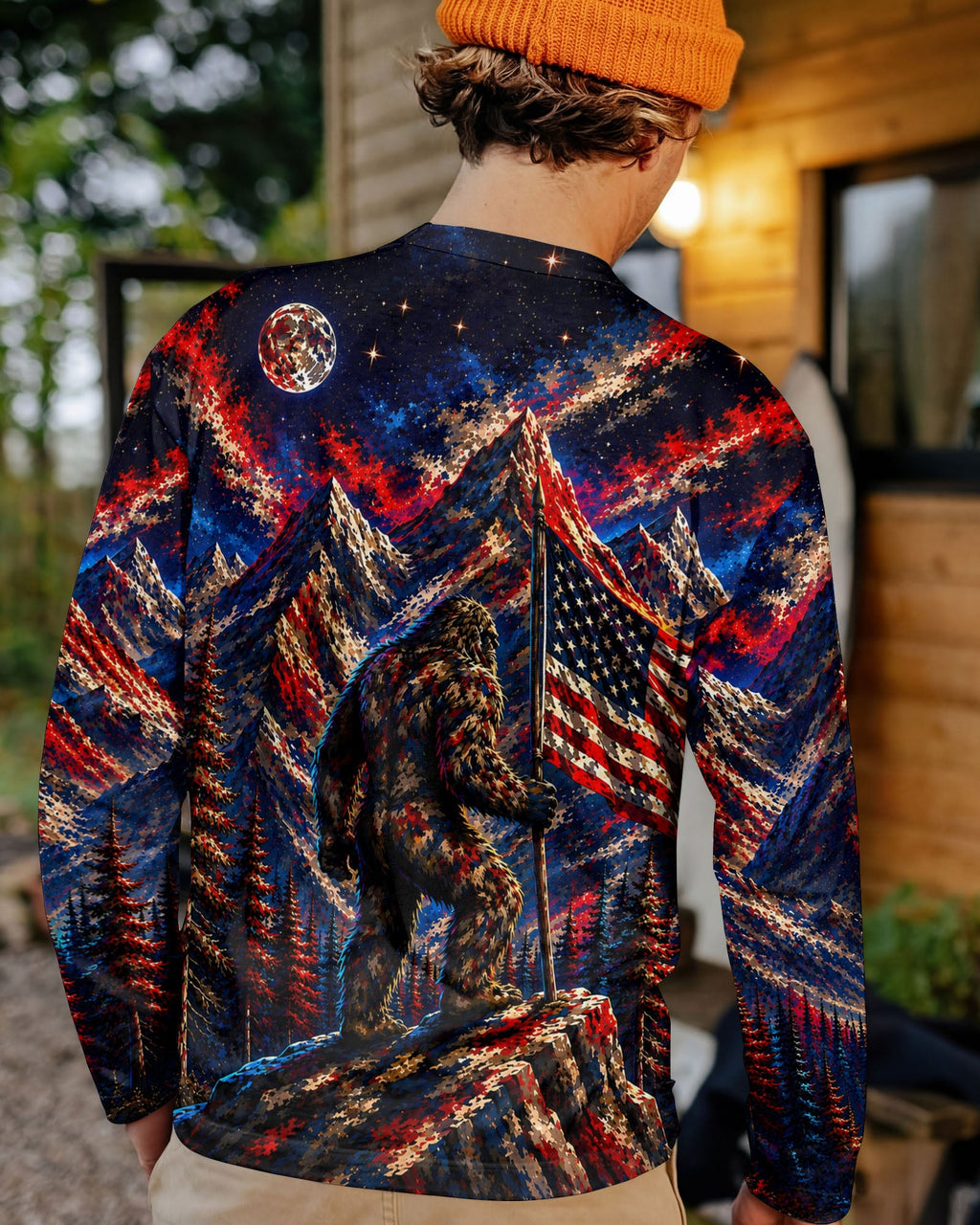 BIGFOOT IN THE FOREST  RED WHITE AND BLUE ALL OVER PRINT   - TLHN1905262