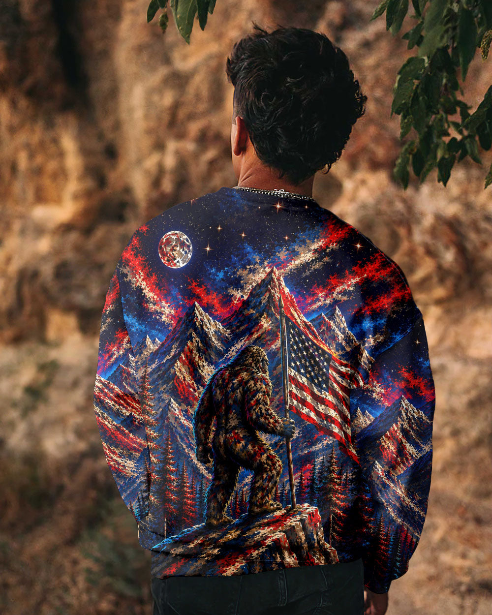 BIGFOOT IN THE FOREST  RED WHITE AND BLUE ALL OVER PRINT   - TLHN1905262