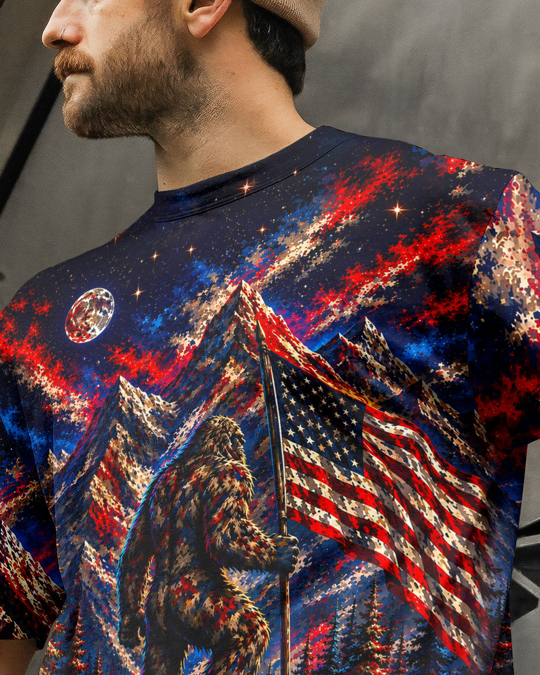 BIGFOOT IN THE FOREST  RED WHITE AND BLUE ALL OVER PRINT   - TLHN1905262