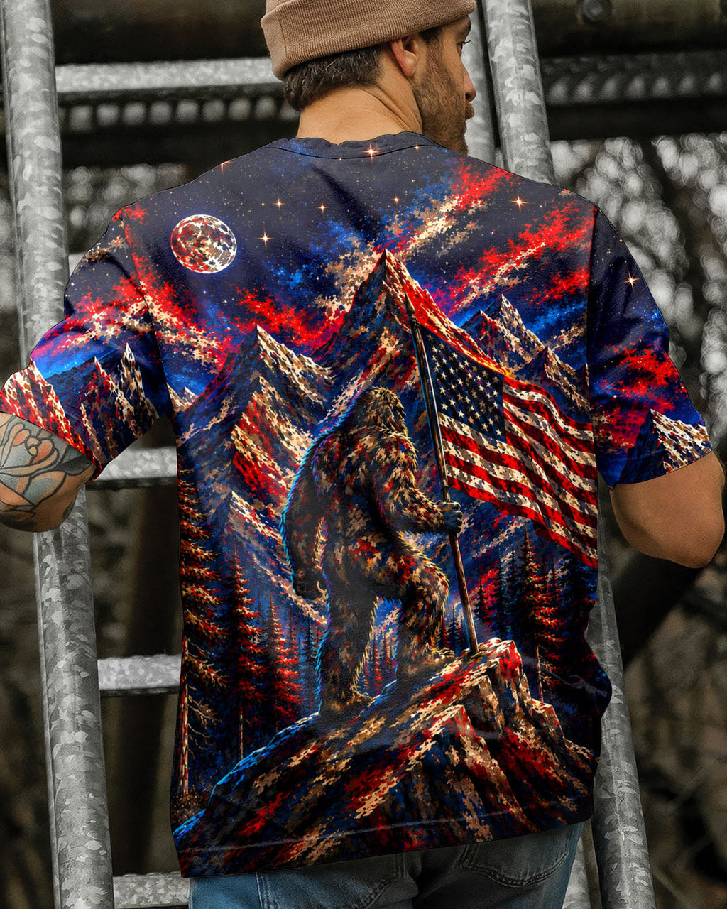 BIGFOOT IN THE FOREST  RED WHITE AND BLUE ALL OVER PRINT   - TLHN1905262