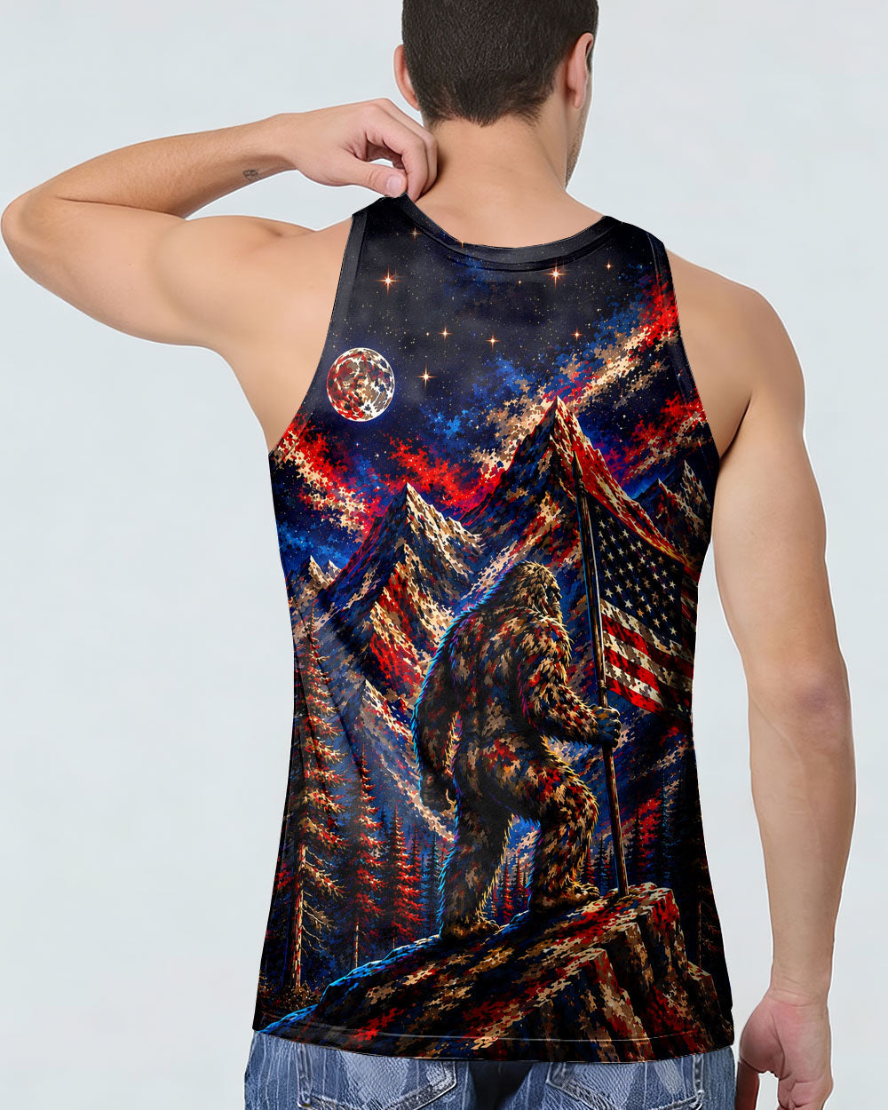 BIGFOOT IN THE FOREST  RED WHITE AND BLUE ALL OVER PRINT   - TLHN1905262