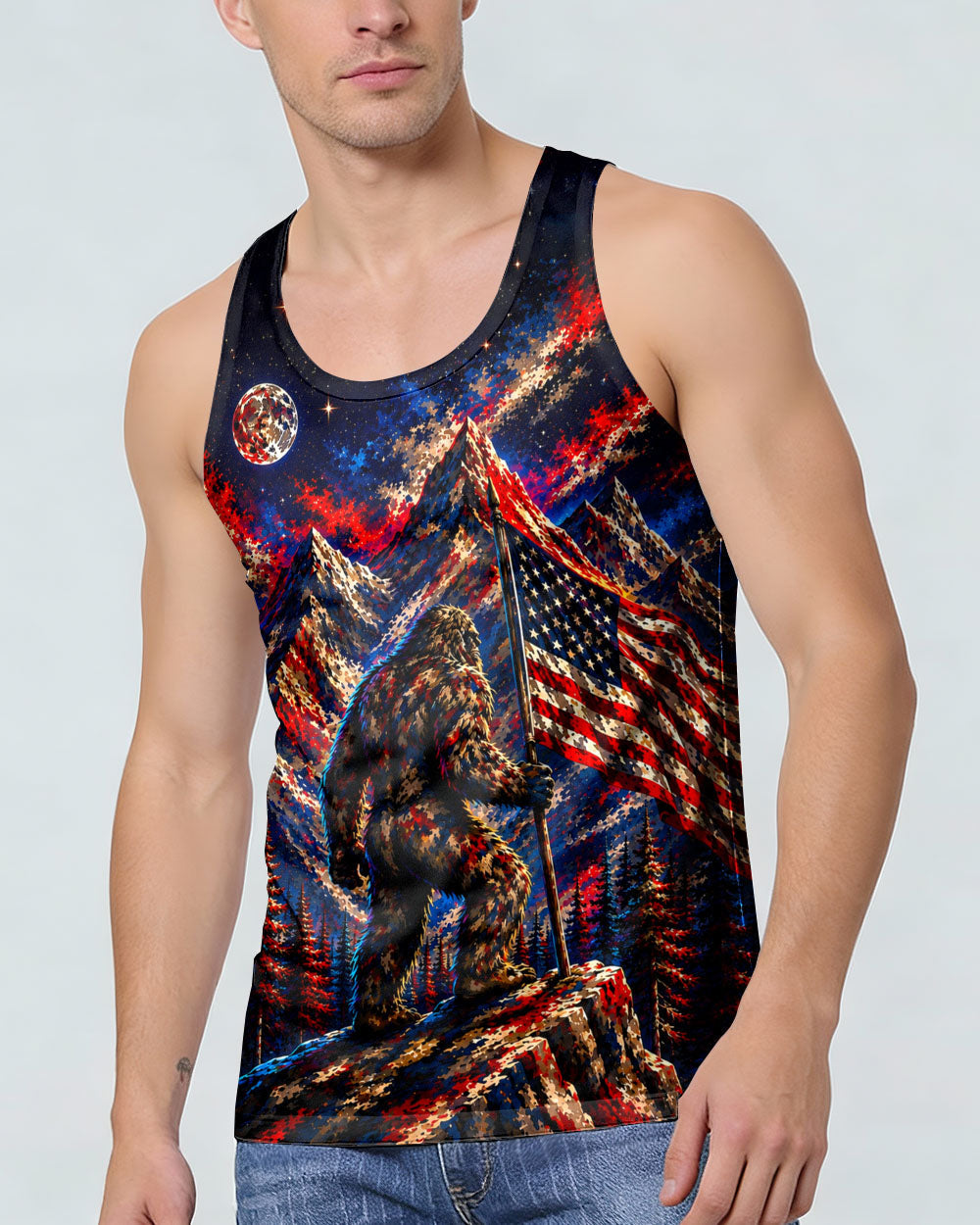 BIGFOOT IN THE FOREST  RED WHITE AND BLUE ALL OVER PRINT   - TLHN1905262