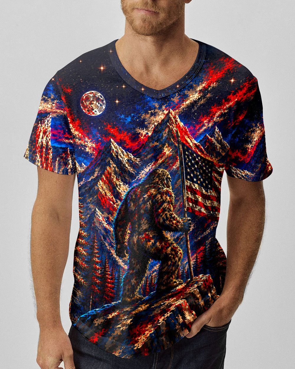 BIGFOOT IN THE FOREST  RED WHITE AND BLUE ALL OVER PRINT   - TLHN1905262
