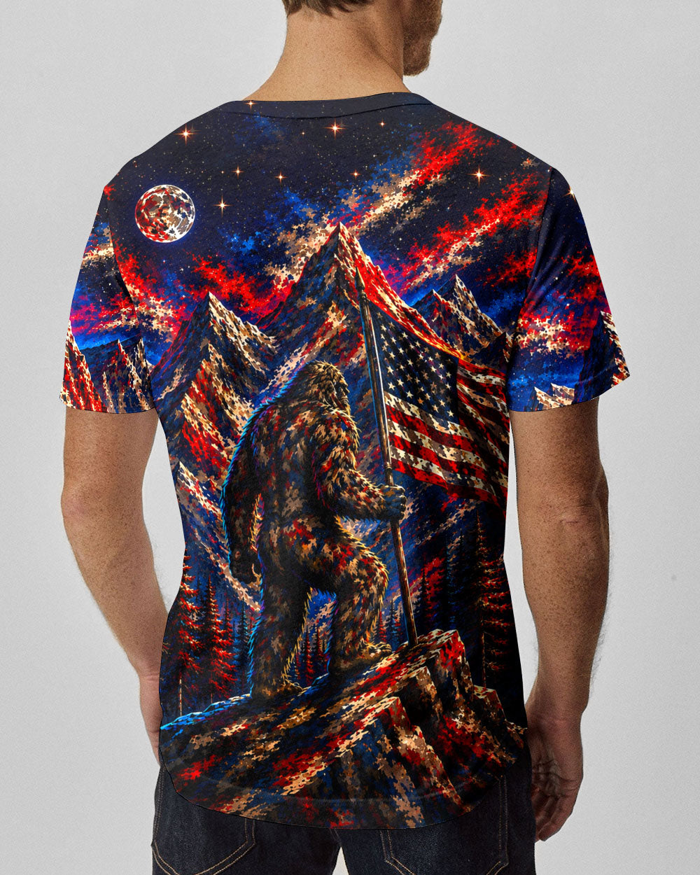 BIGFOOT IN THE FOREST  RED WHITE AND BLUE ALL OVER PRINT   - TLHN1905262