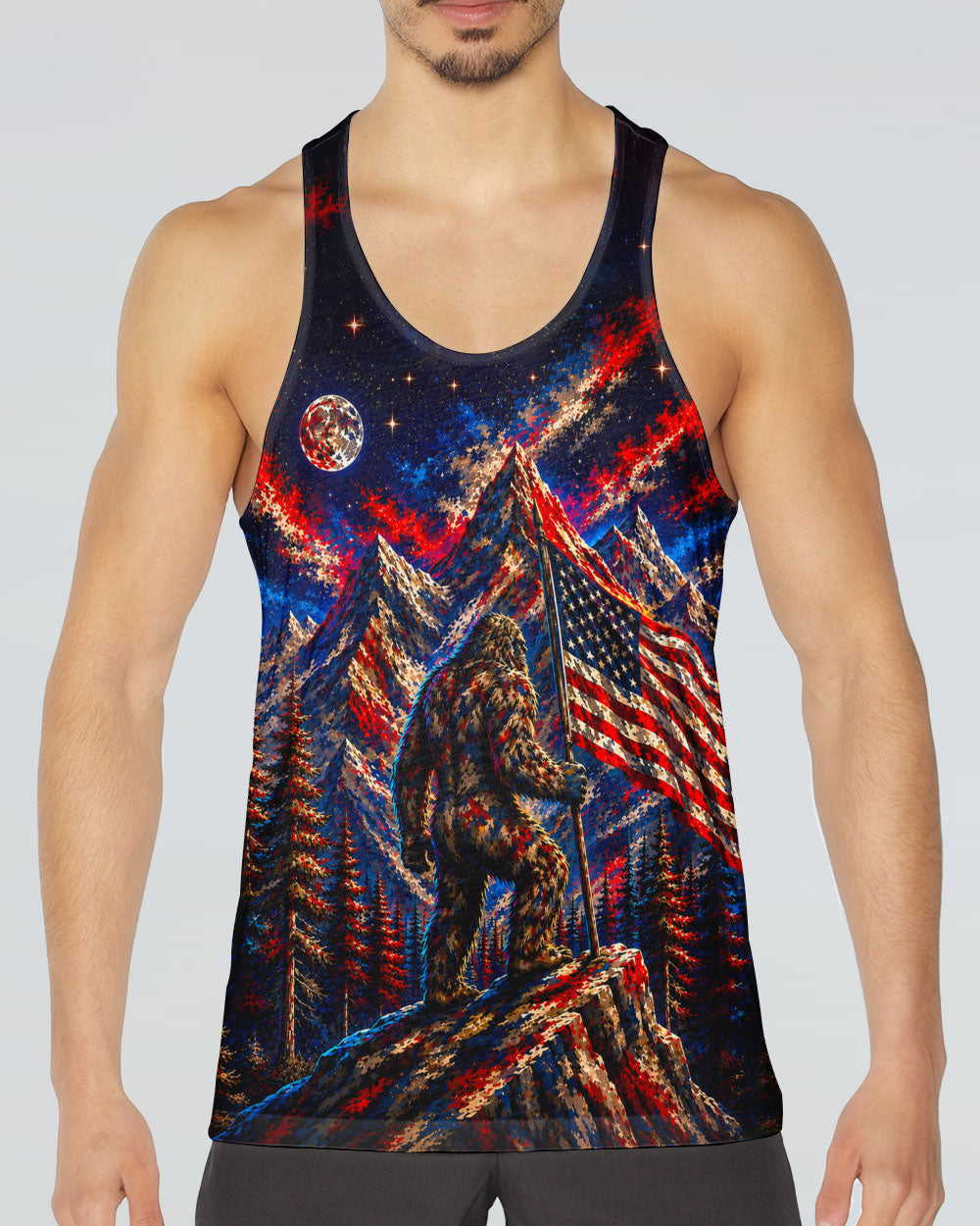 BIGFOOT IN THE FOREST  RED WHITE AND BLUE ALL OVER PRINT   - TLHN1905262