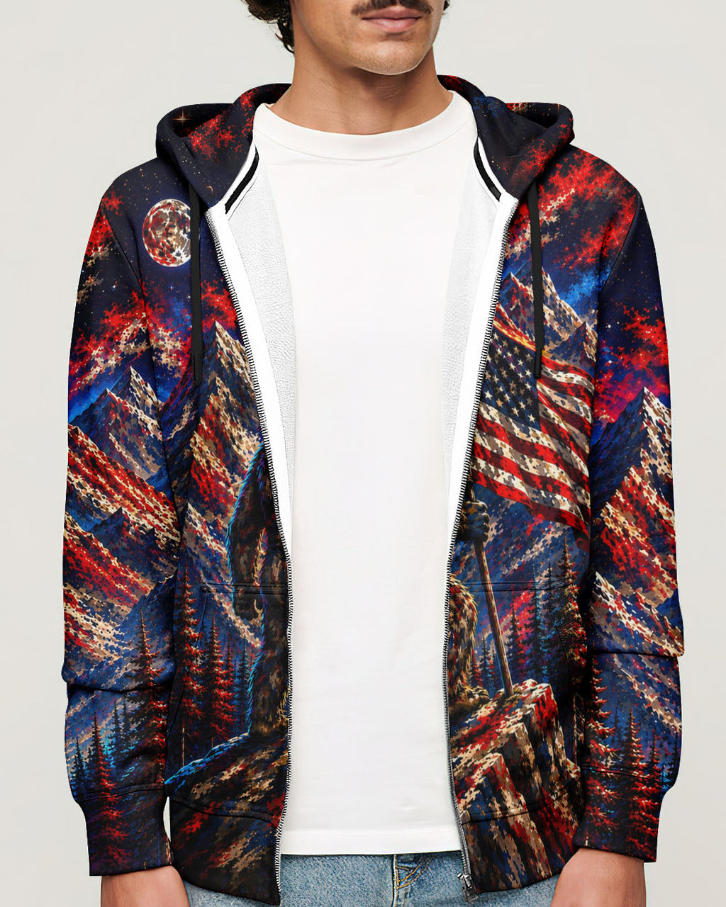BIGFOOT IN THE FOREST  RED WHITE AND BLUE ALL OVER PRINT   - TLHN1905262