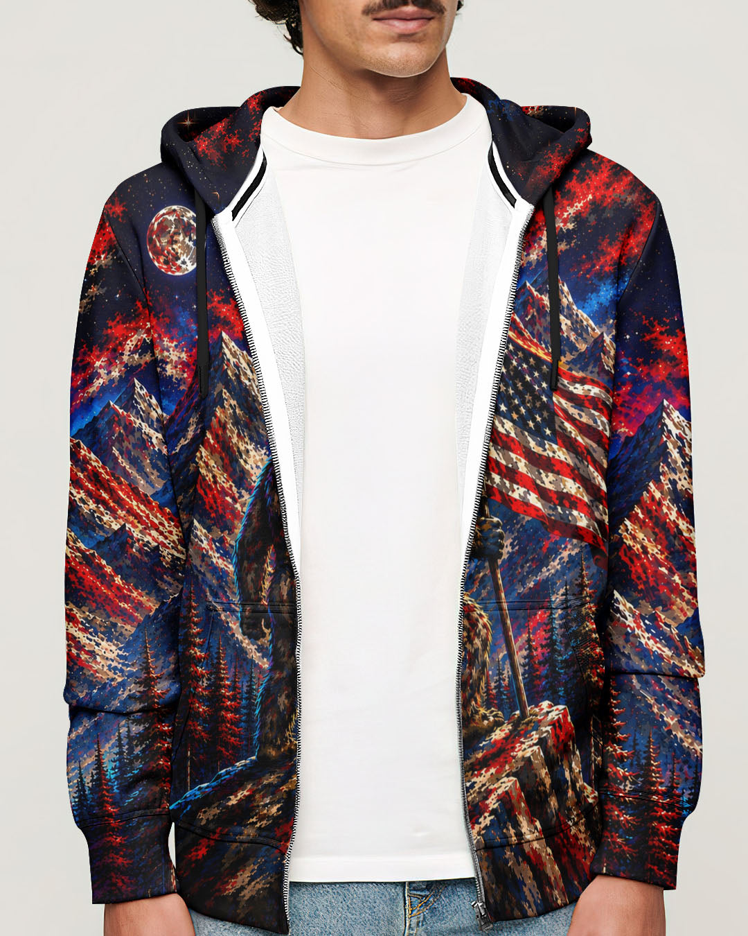 BIGFOOT IN THE FOREST  RED WHITE AND BLUE ALL OVER PRINT   - TLHN1905262