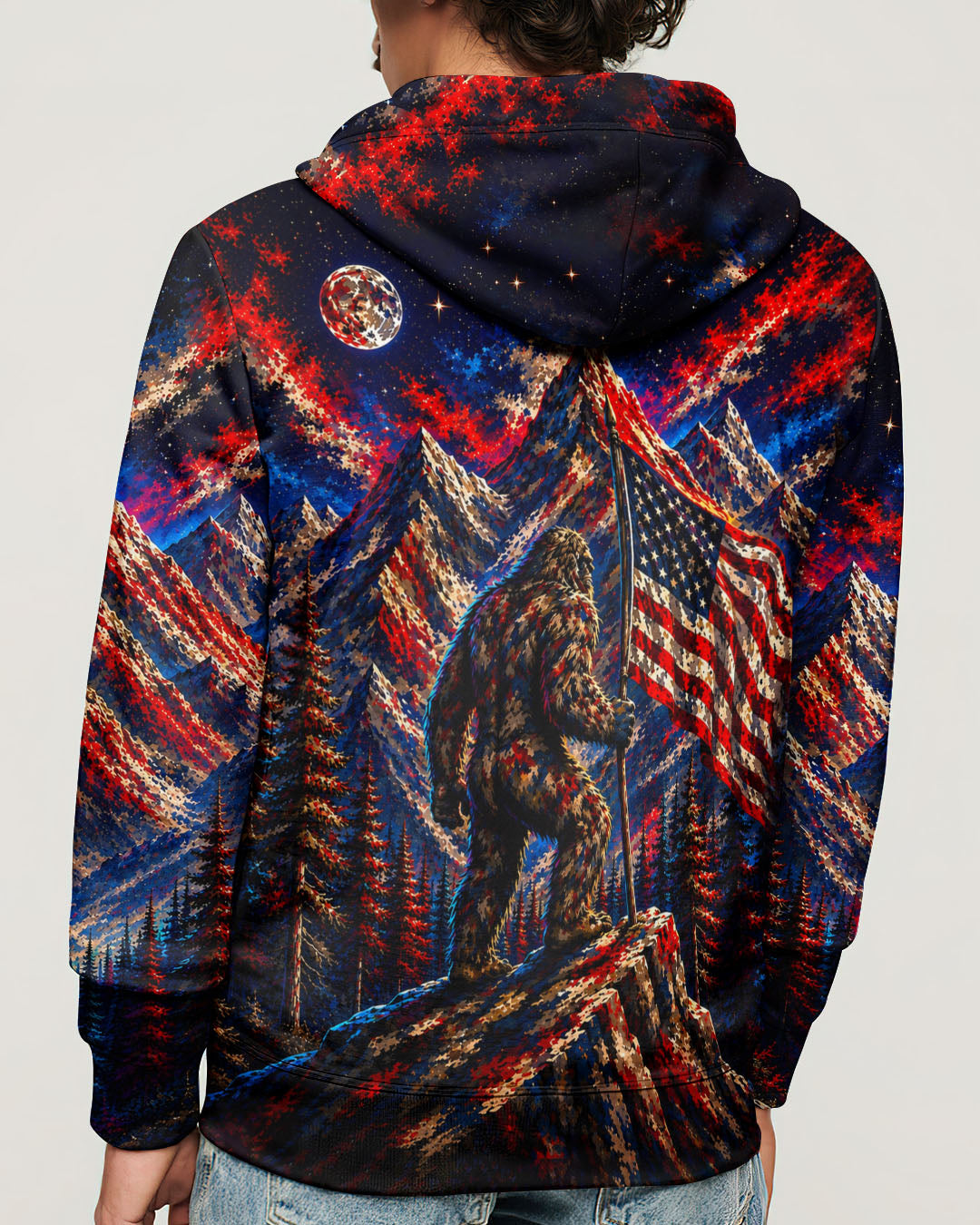BIGFOOT IN THE FOREST  RED WHITE AND BLUE ALL OVER PRINT   - TLHN1905262