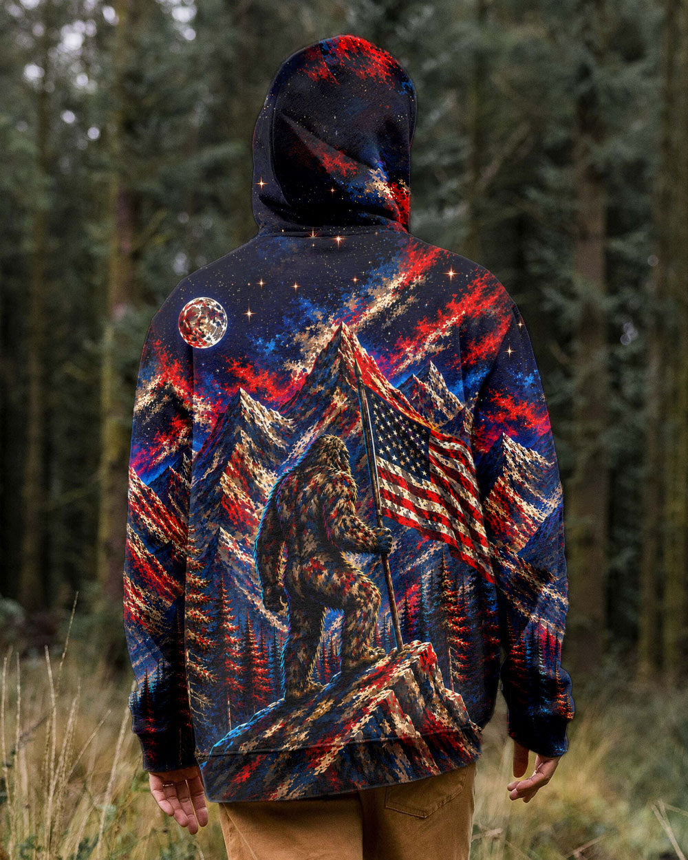 BIGFOOT IN THE FOREST  RED WHITE AND BLUE ALL OVER PRINT   - TLHN1905262