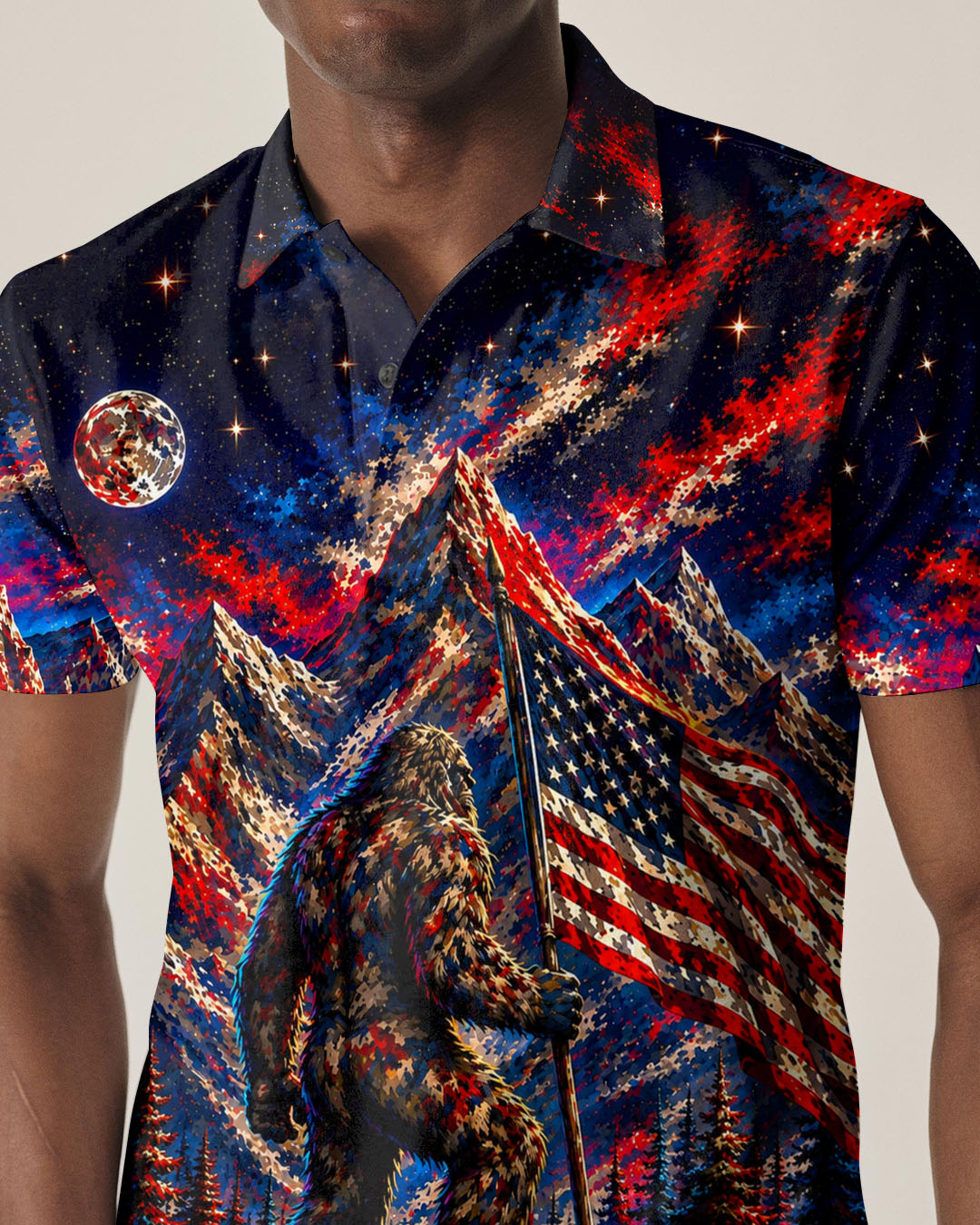 BIGFOOT IN THE FOREST  RED WHITE AND BLUE ALL OVER PRINT   - TLHN1905262