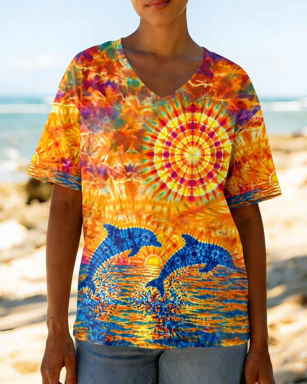 TWO DOLPHINS SUNSET WATERCOLOR PATTERN ALL OVER PRINT  - TLHN2304262