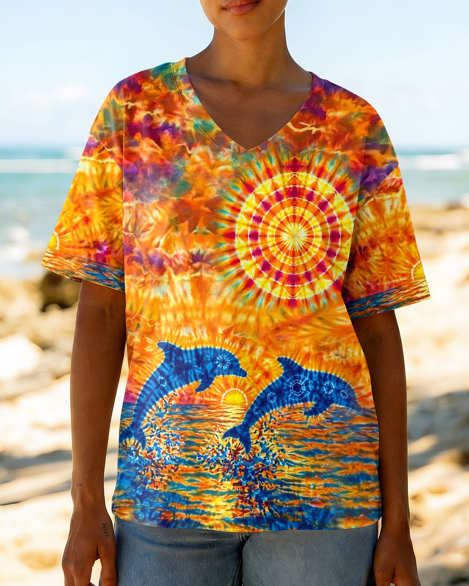 TWO DOLPHINS SUNSET WATERCOLOR PATTERN ALL OVER PRINT  - TLHN2304262