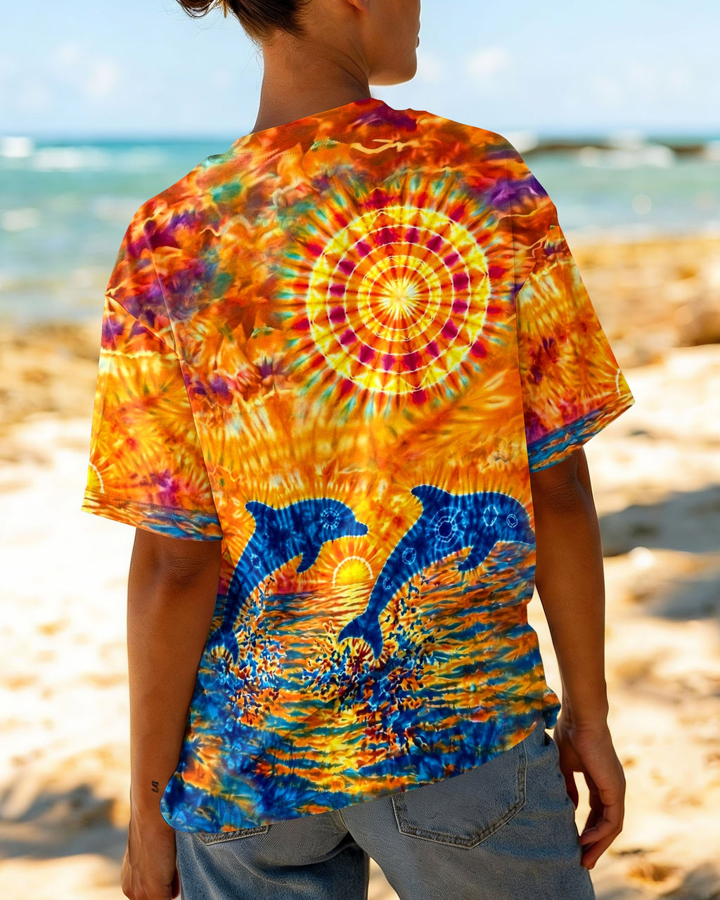 TWO DOLPHINS SUNSET WATERCOLOR PATTERN ALL OVER PRINT  - TLHN2304262
