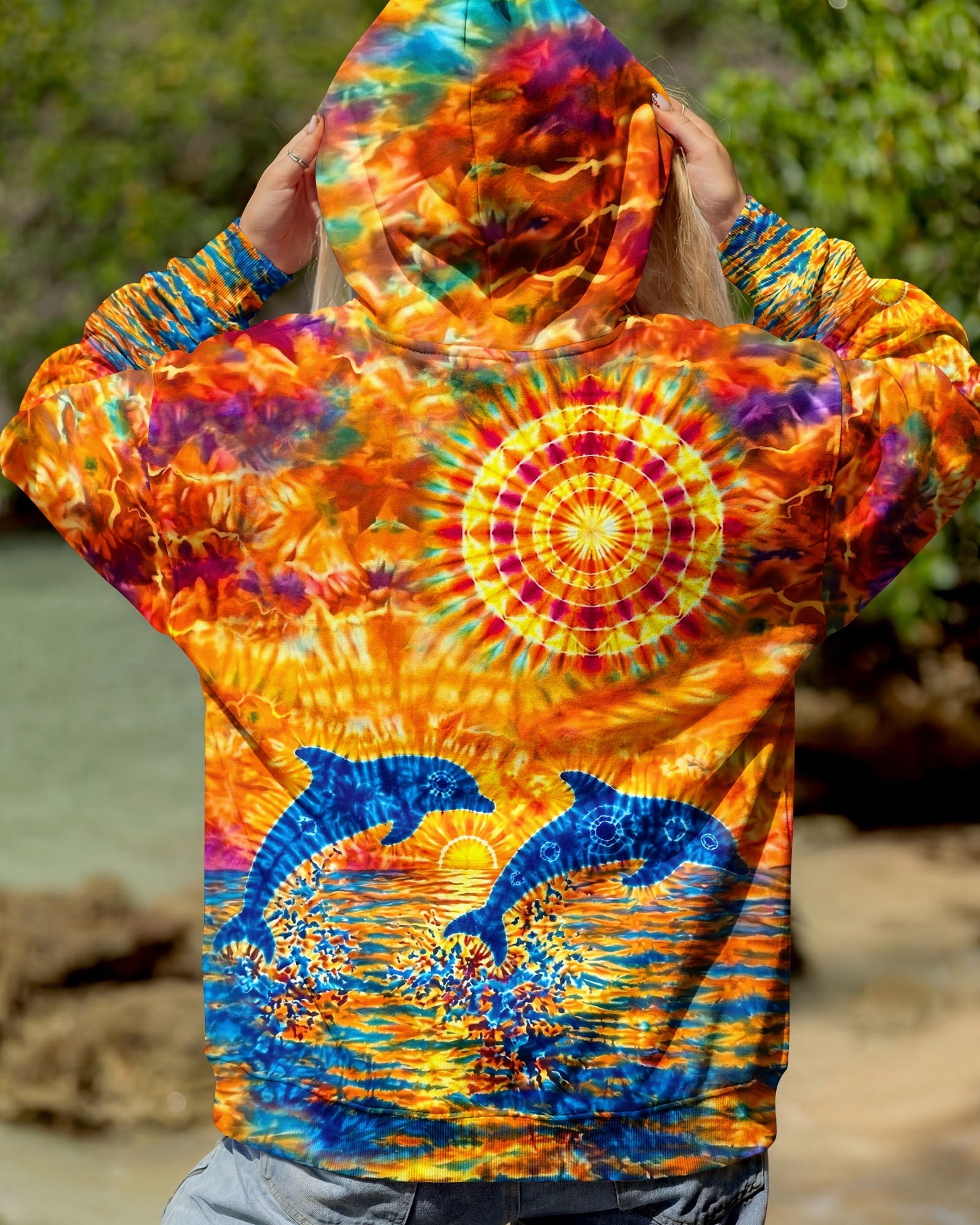 TWO DOLPHINS SUNSET WATERCOLOR PATTERN ALL OVER PRINT  - TLHN2304262