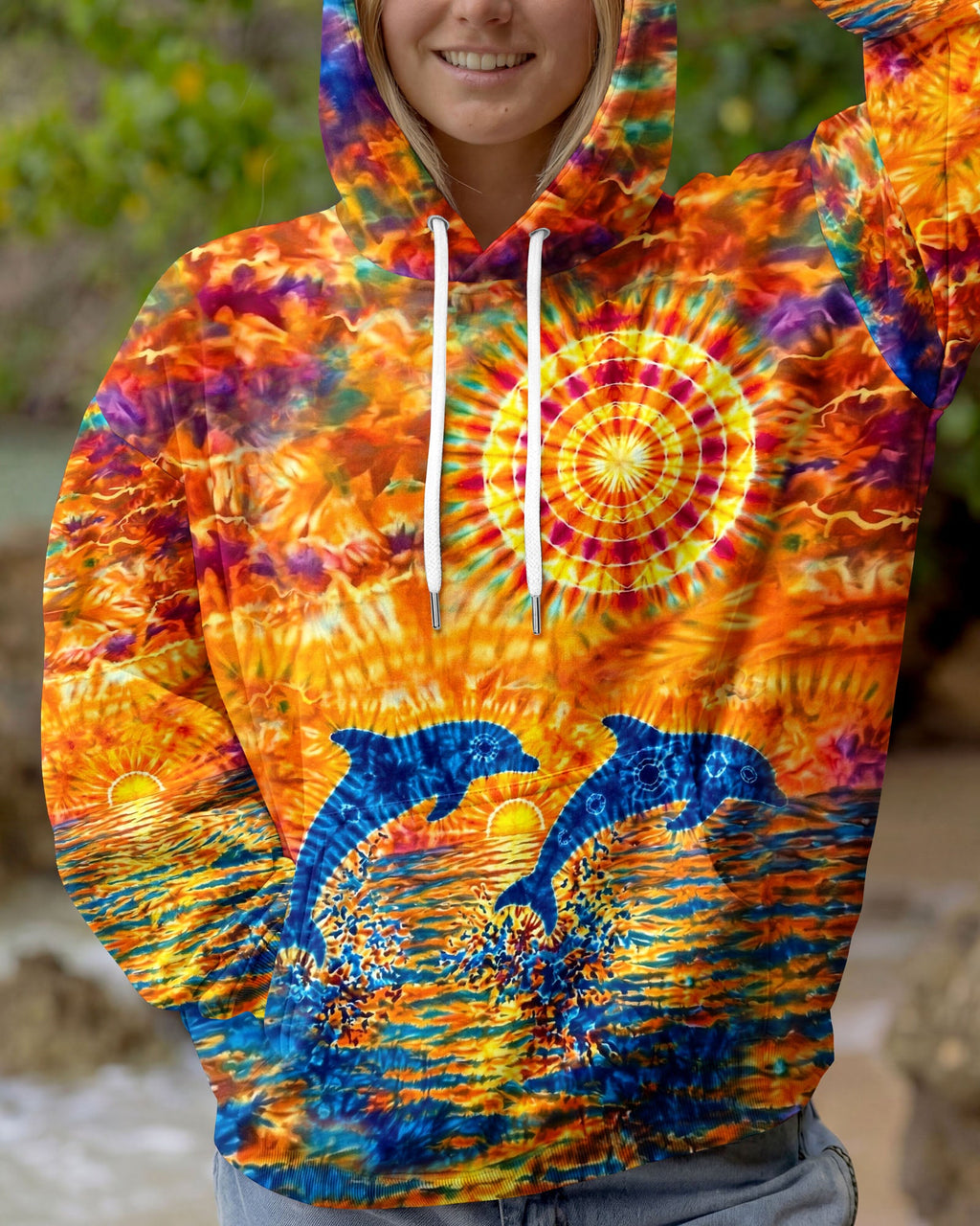 TWO DOLPHINS SUNSET WATERCOLOR PATTERN ALL OVER PRINT  - TLHN2304262
