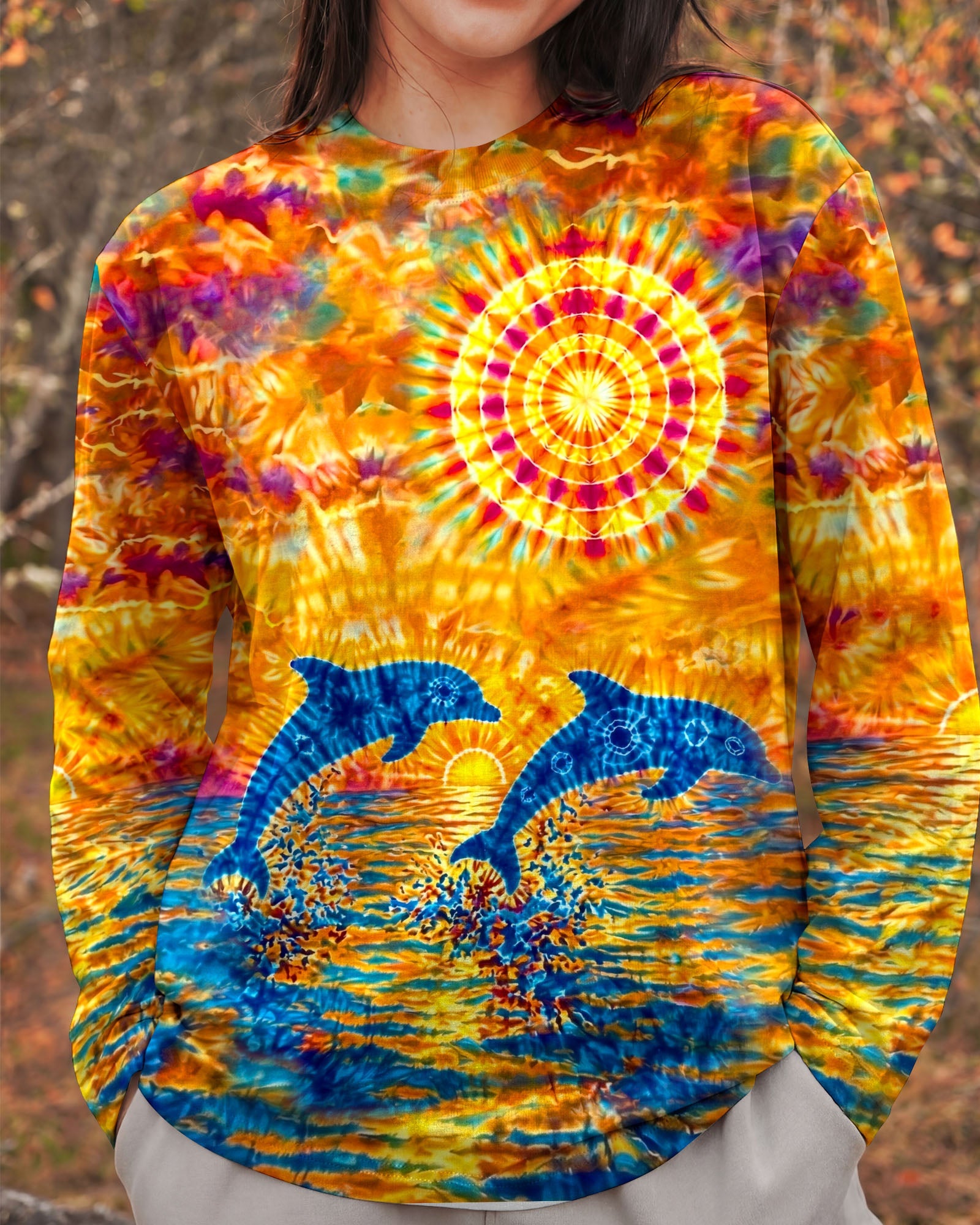TWO DOLPHINS SUNSET WATERCOLOR PATTERN ALL OVER PRINT  - TLHN2304262