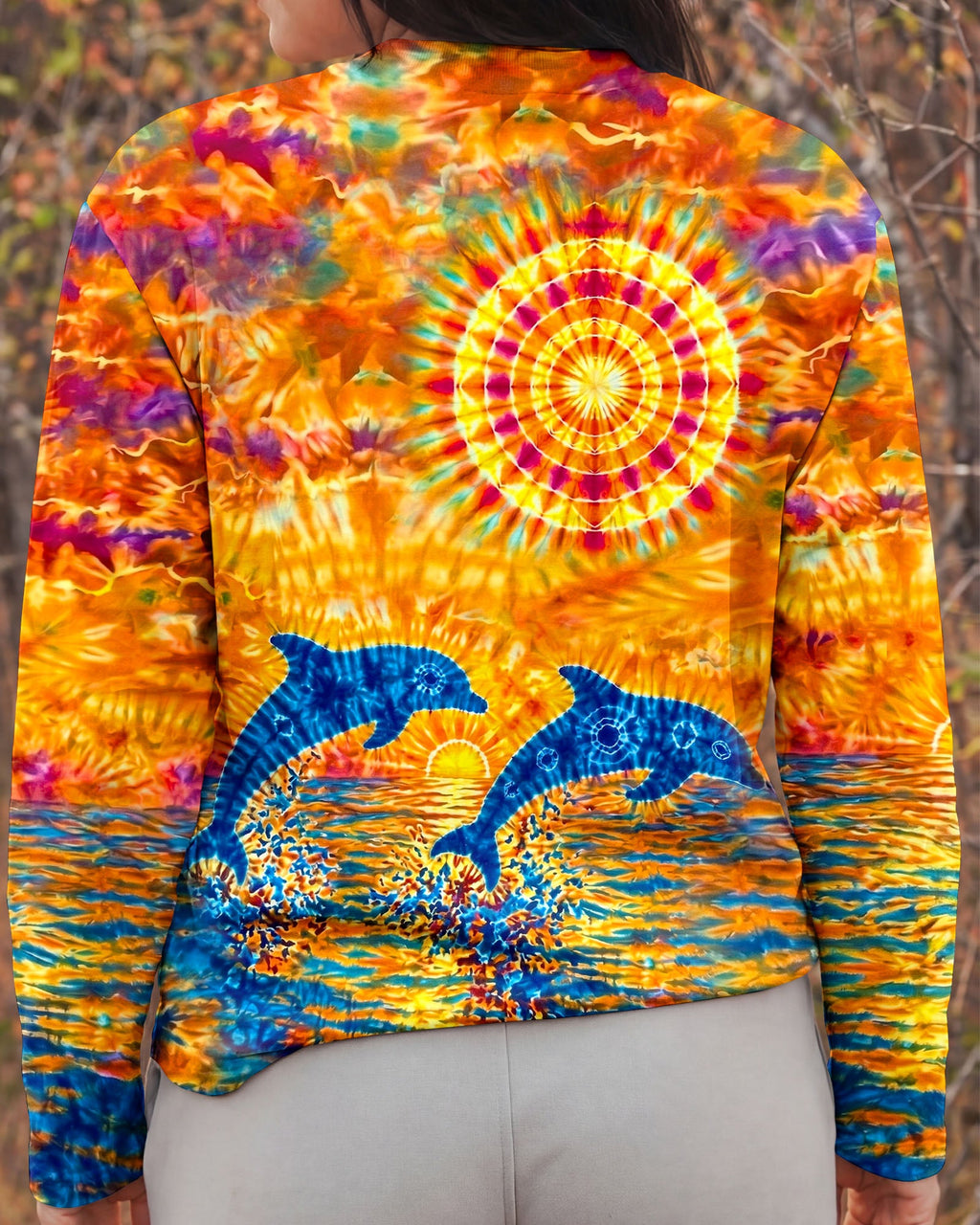 TWO DOLPHINS SUNSET WATERCOLOR PATTERN ALL OVER PRINT  - TLHN2304262