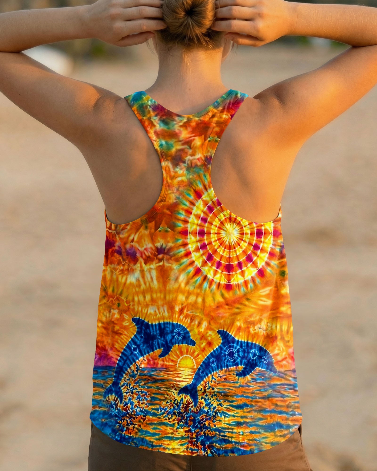 TWO DOLPHINS SUNSET WATERCOLOR PATTERN ALL OVER PRINT  - TLHN2304262