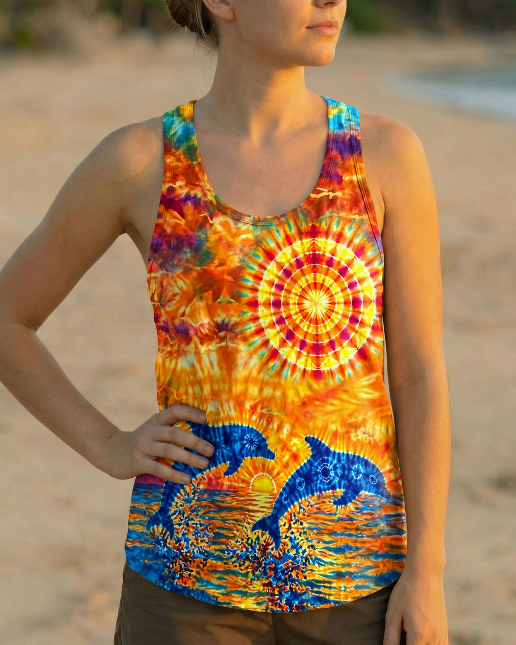 TWO DOLPHINS SUNSET WATERCOLOR PATTERN ALL OVER PRINT  - TLHN2304262