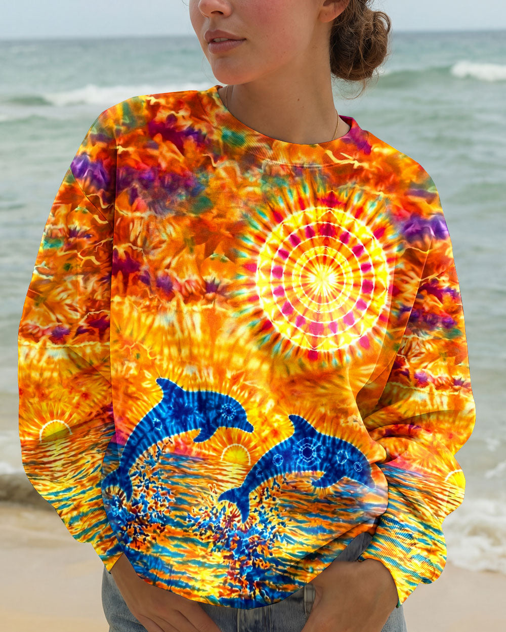 TWO DOLPHINS SUNSET WATERCOLOR PATTERN ALL OVER PRINT  - TLHN2304262