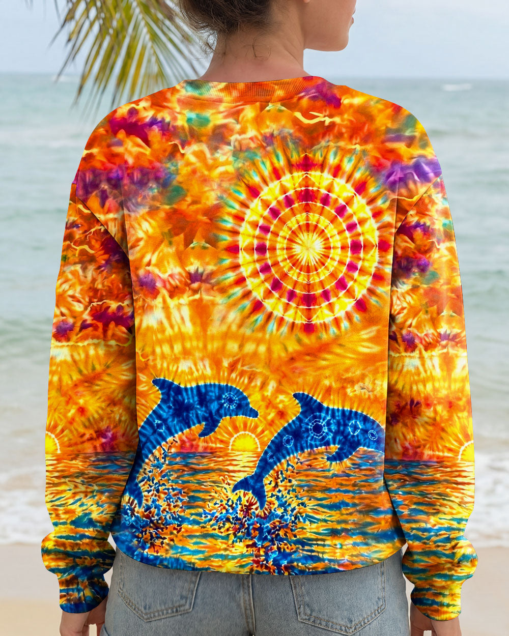 TWO DOLPHINS SUNSET WATERCOLOR PATTERN ALL OVER PRINT  - TLHN2304262