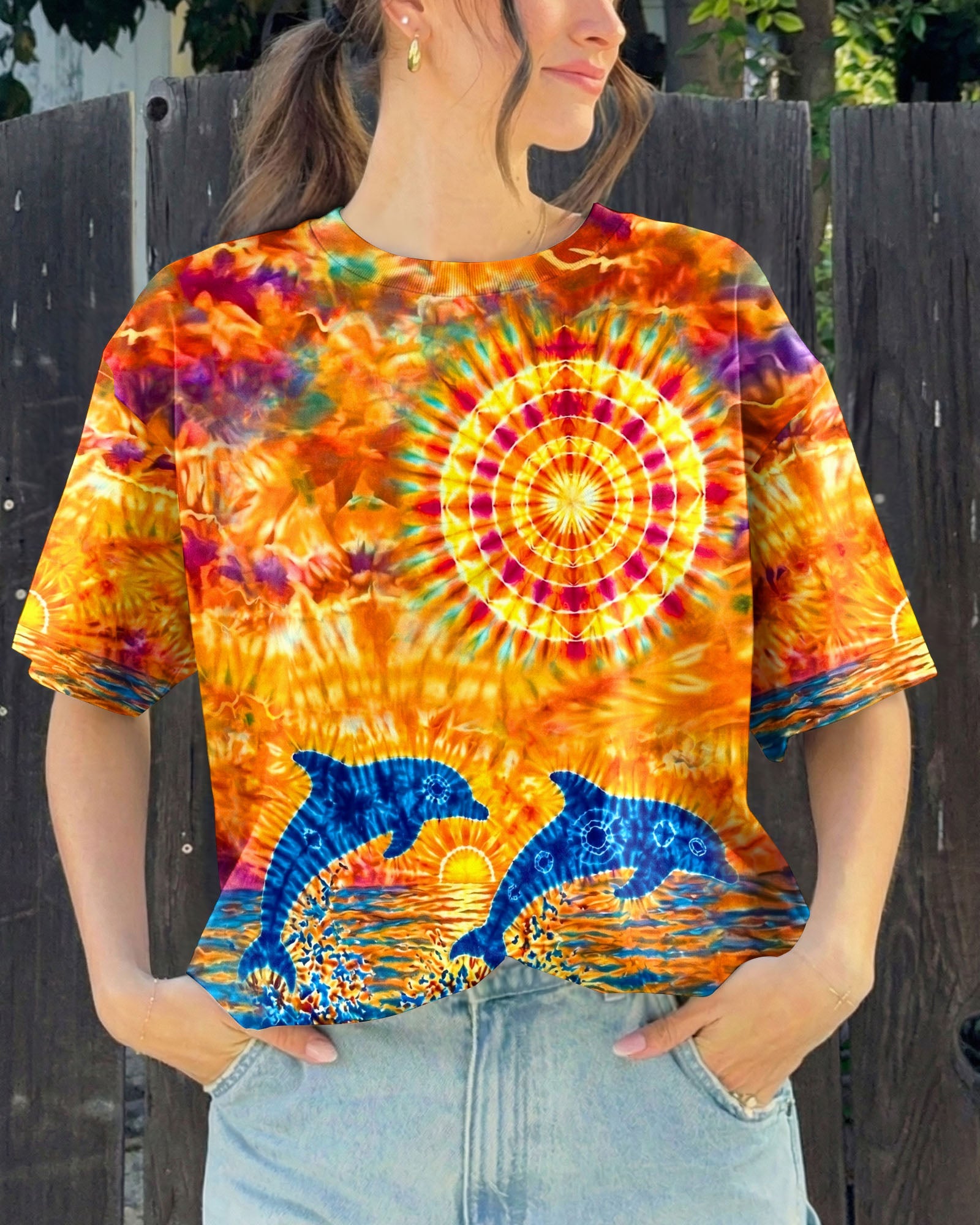 TWO DOLPHINS SUNSET WATERCOLOR PATTERN ALL OVER PRINT  - TLHN2304262