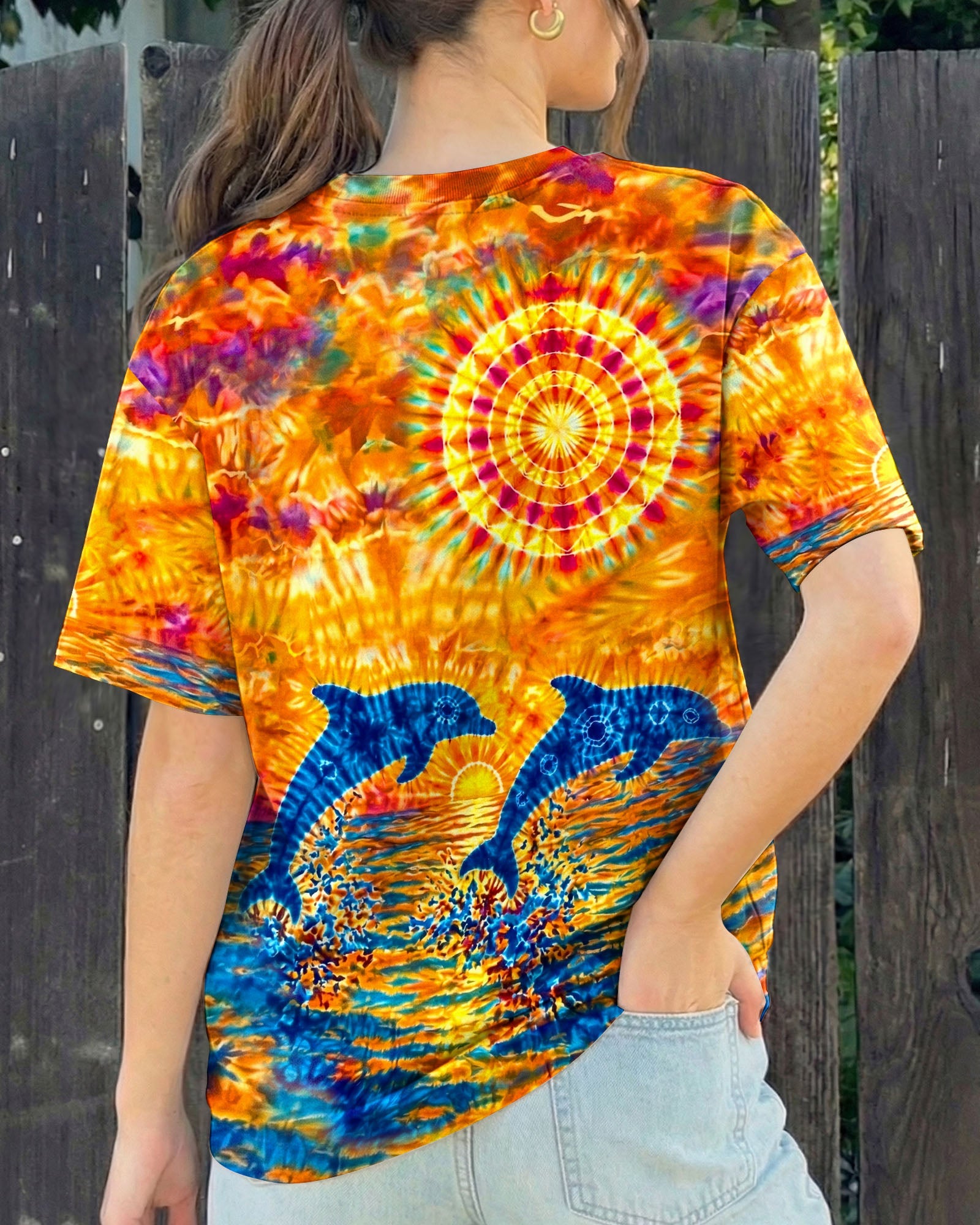 TWO DOLPHINS SUNSET WATERCOLOR PATTERN ALL OVER PRINT  - TLHN2304262