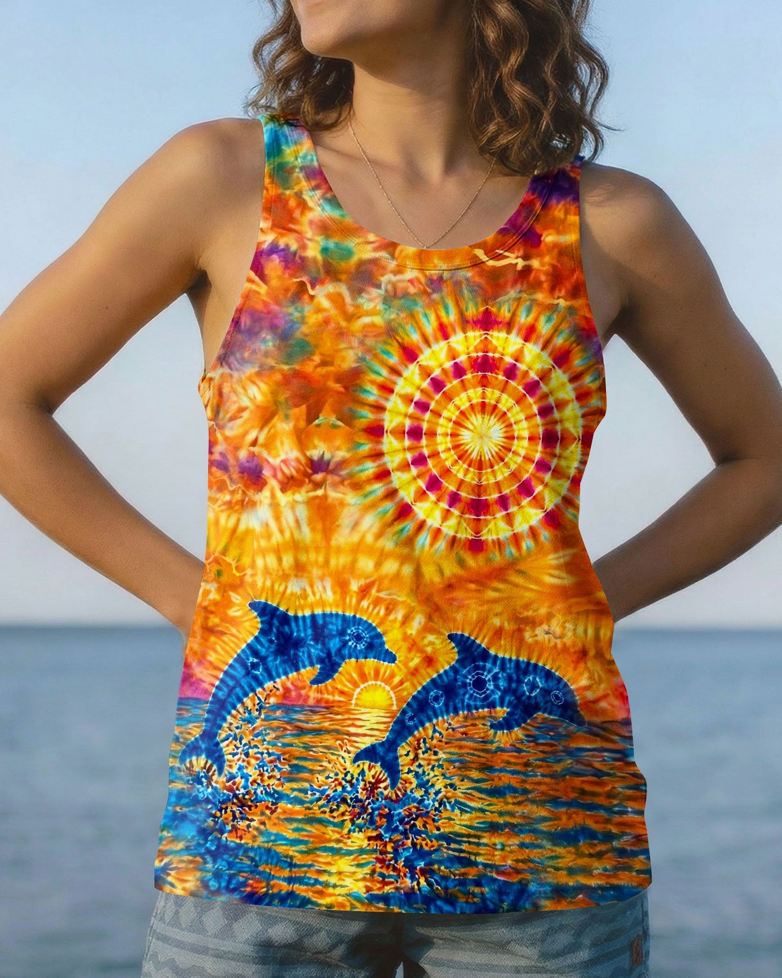 TWO DOLPHINS SUNSET WATERCOLOR PATTERN ALL OVER PRINT  - TLHN2304262