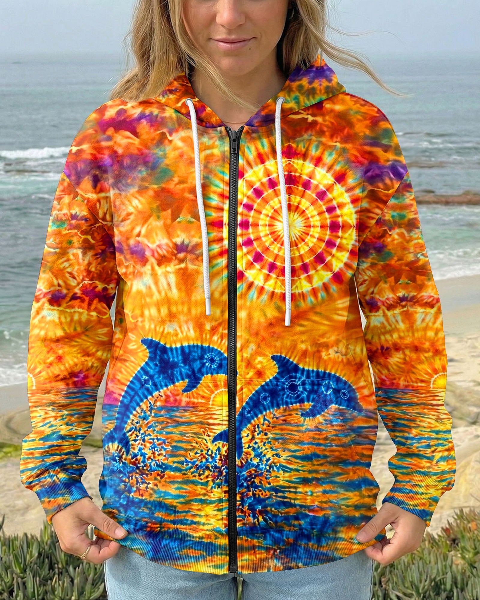 TWO DOLPHINS SUNSET WATERCOLOR PATTERN ALL OVER PRINT  - TLHN2304262