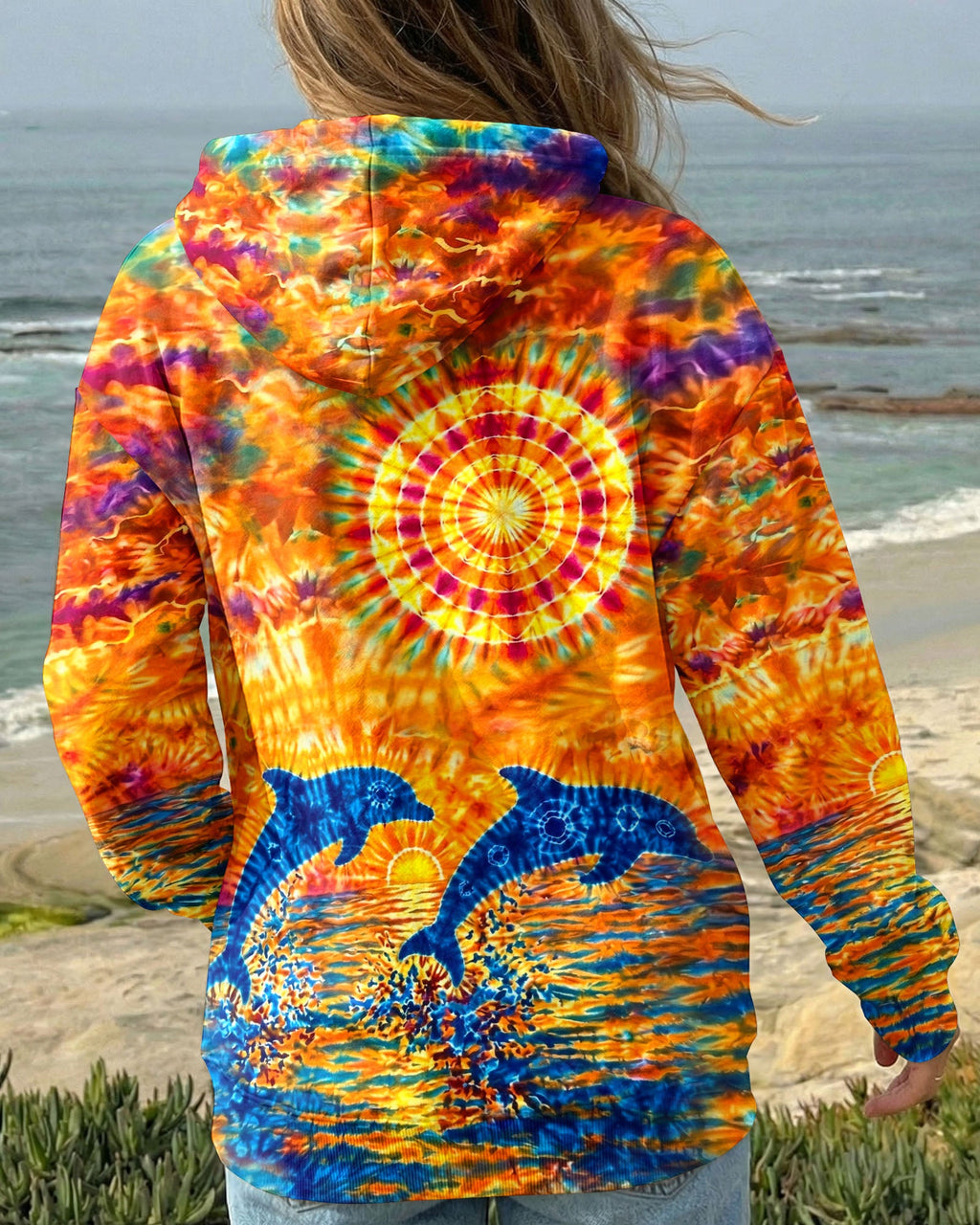 TWO DOLPHINS SUNSET WATERCOLOR PATTERN ALL OVER PRINT  - TLHN2304262
