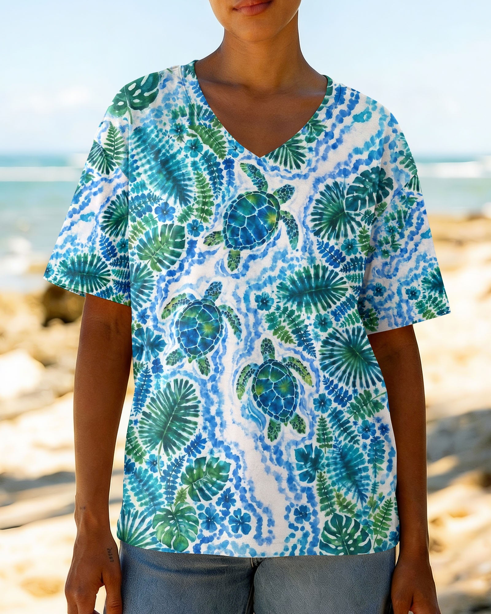 TROPICAL TURTLES WATERCOLOR WAVES ALL OVER PRINT  - TLHN2506261