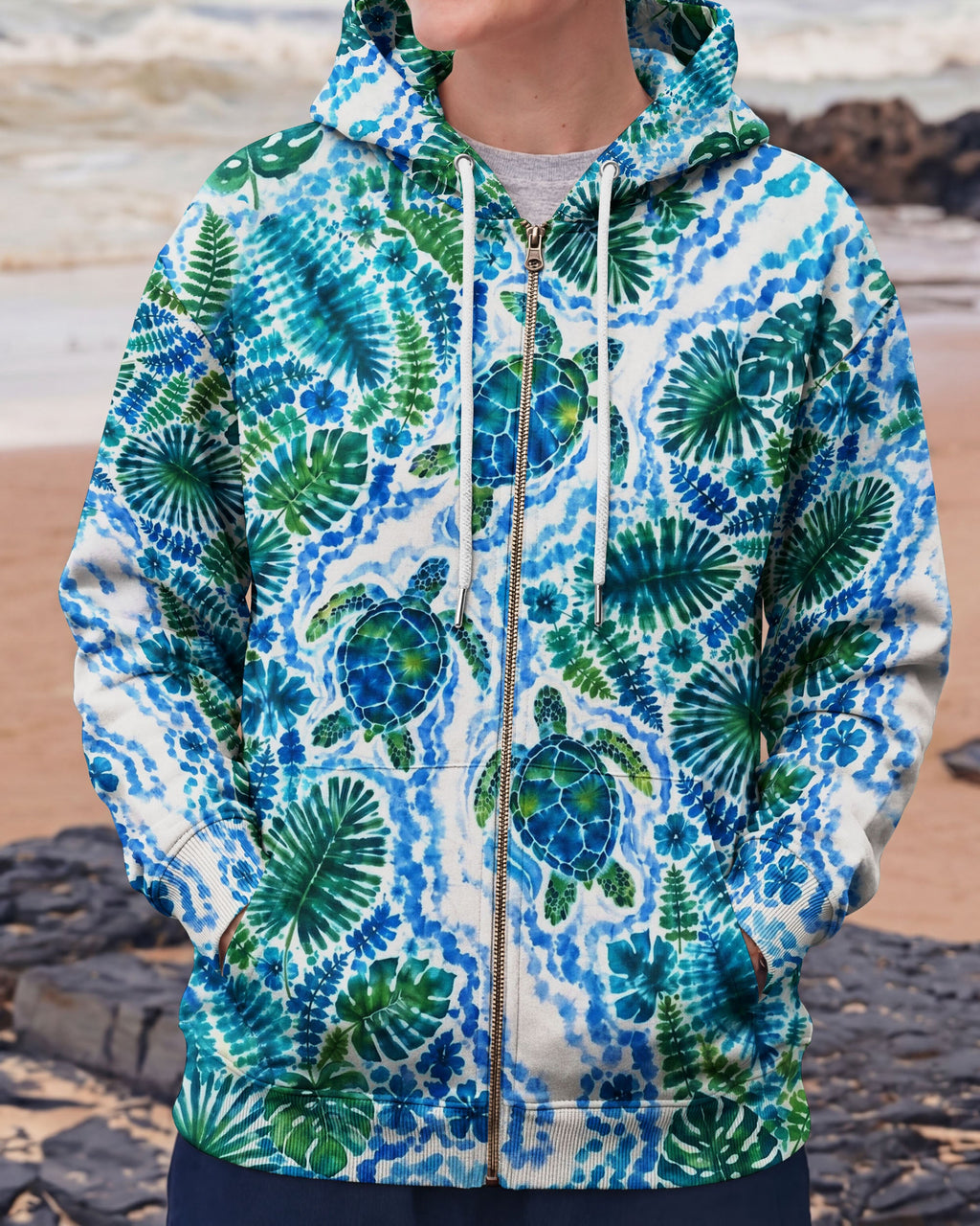 TROPICAL TURTLES WATERCOLOR WAVES ALL OVER PRINT  - TLHN2506261