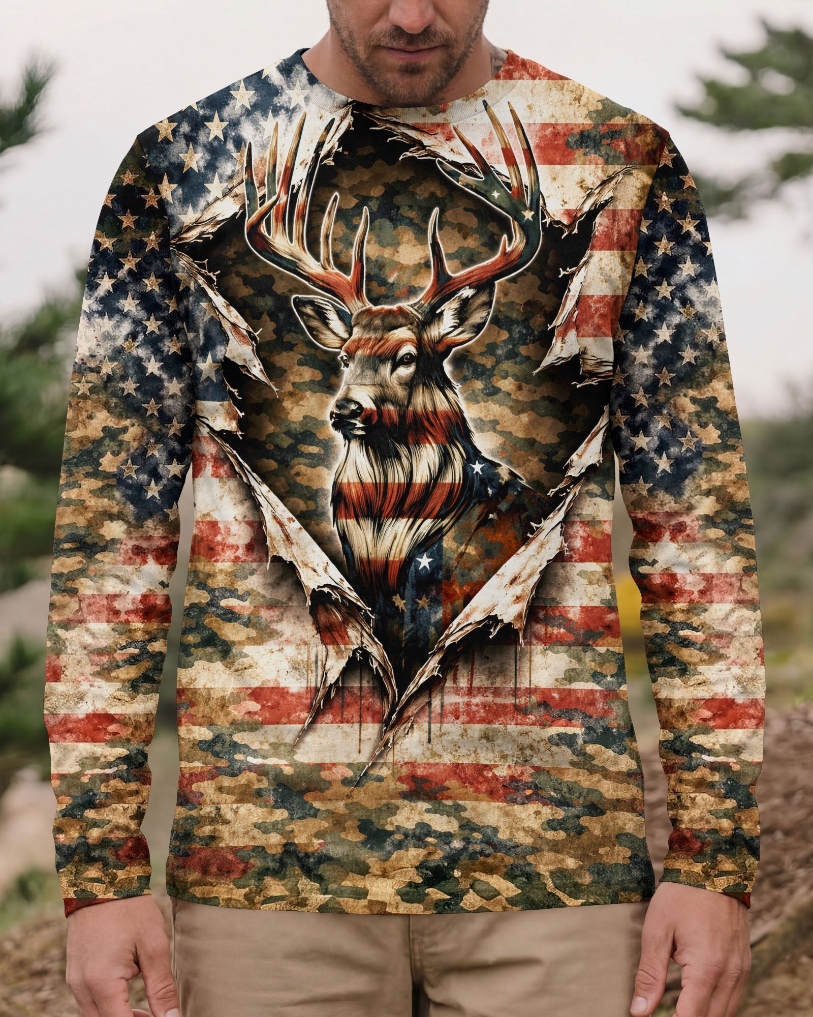GRUNGE STARS AND STRIPES DEER HUNTING  ALL OVER PRINT - TLNT0304263