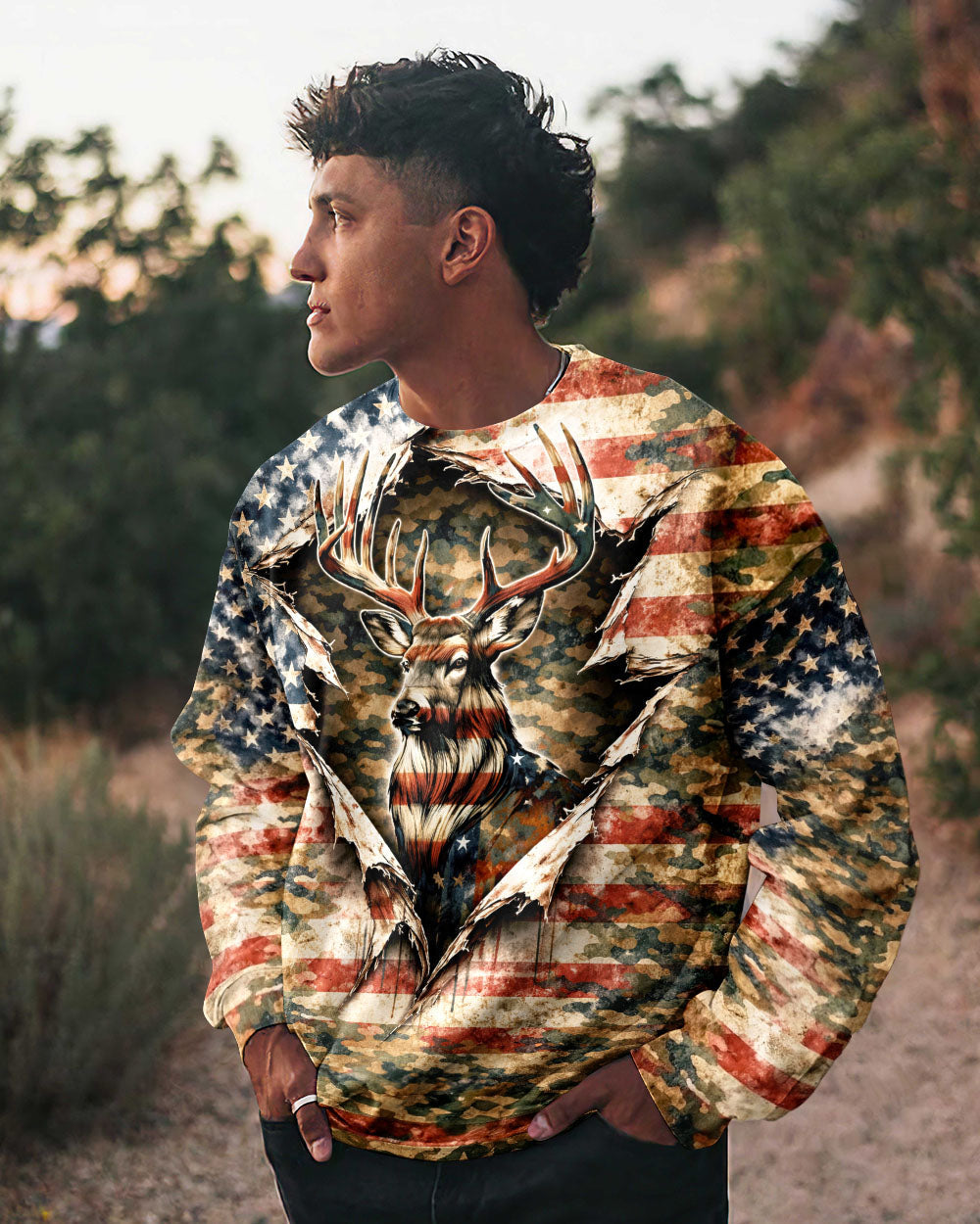 GRUNGE STARS AND STRIPES DEER HUNTING  ALL OVER PRINT - TLNT0304263