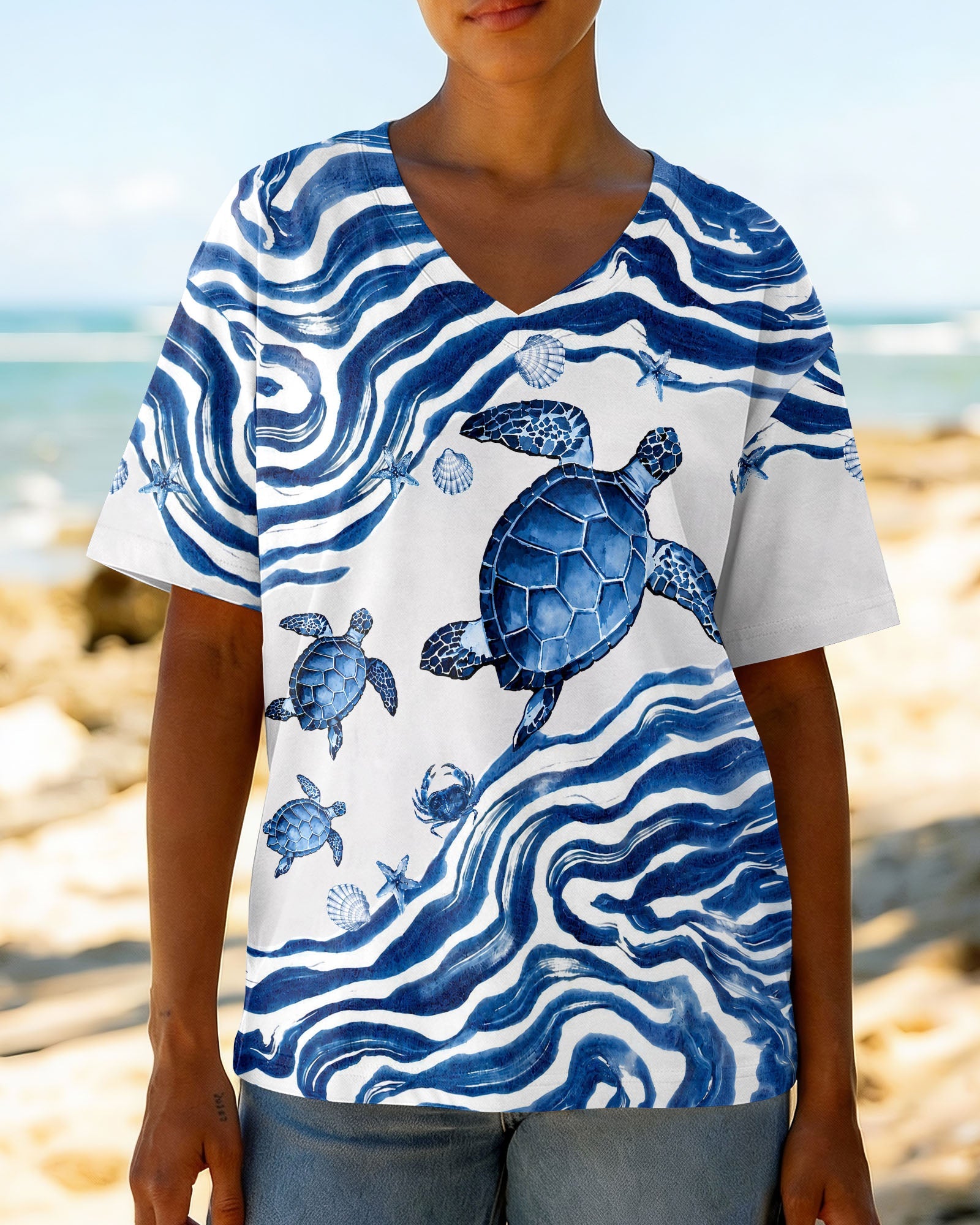SEA TURTLE SWIRLING WAVES ALL OVER PRINT  - TLNT1906263