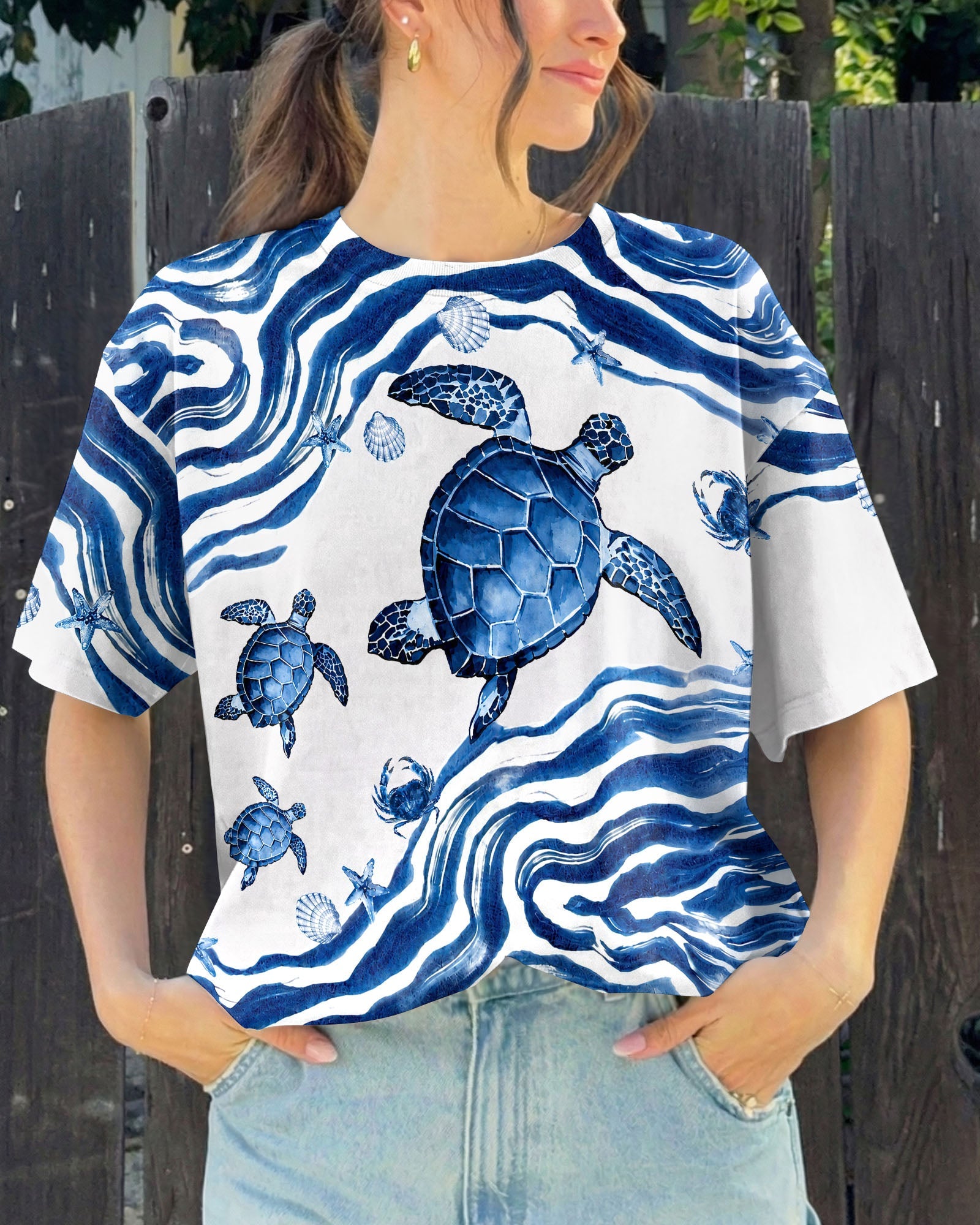 SEA TURTLE SWIRLING WAVES ALL OVER PRINT  - TLNT1906263