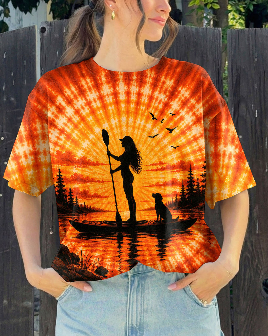 KAYAK LAKE DAY WITH DOG ORANGE SUNSET ALL OVER PRINT - TLNT2906263