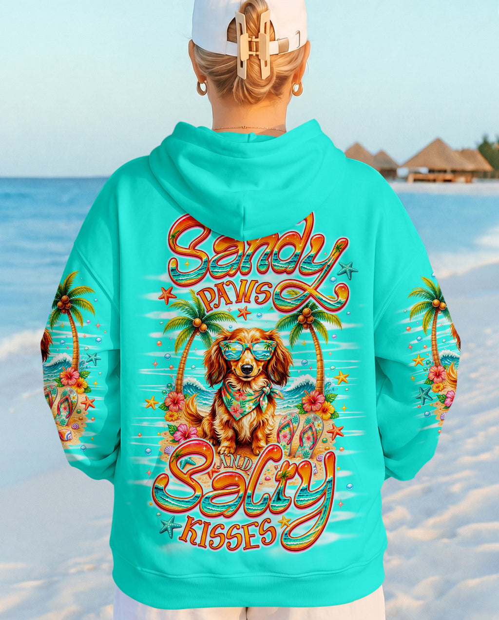 SANDY PAWS AND SALTY KISSES LONG-HAIRED DACHSHUND DOG ALL OVER PRINT  - TLNO0206261