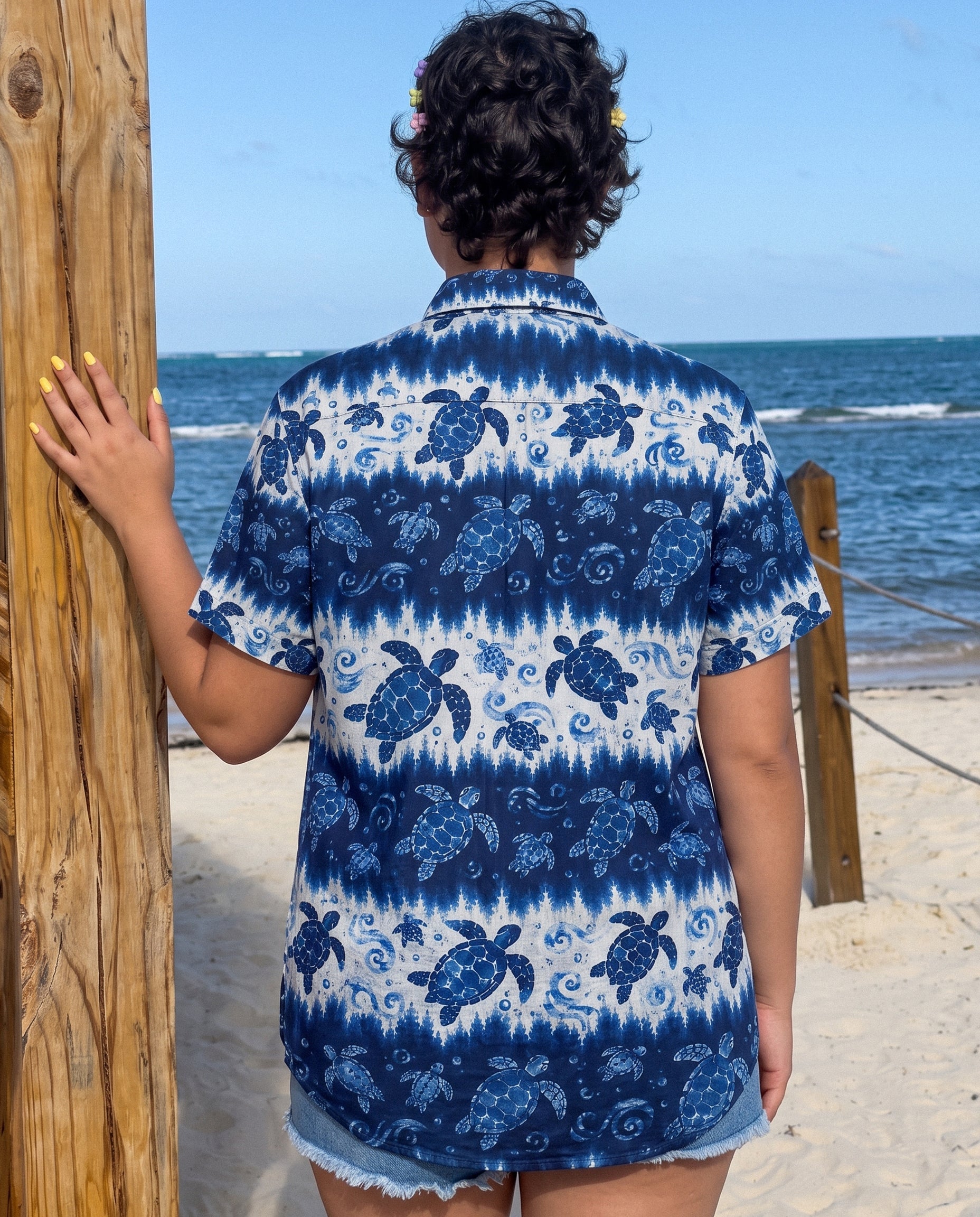 BLUE SEA TURTLE WAVE STRIPE BUTTON-DOWN COLLAR SHIRT - KMTM3006262