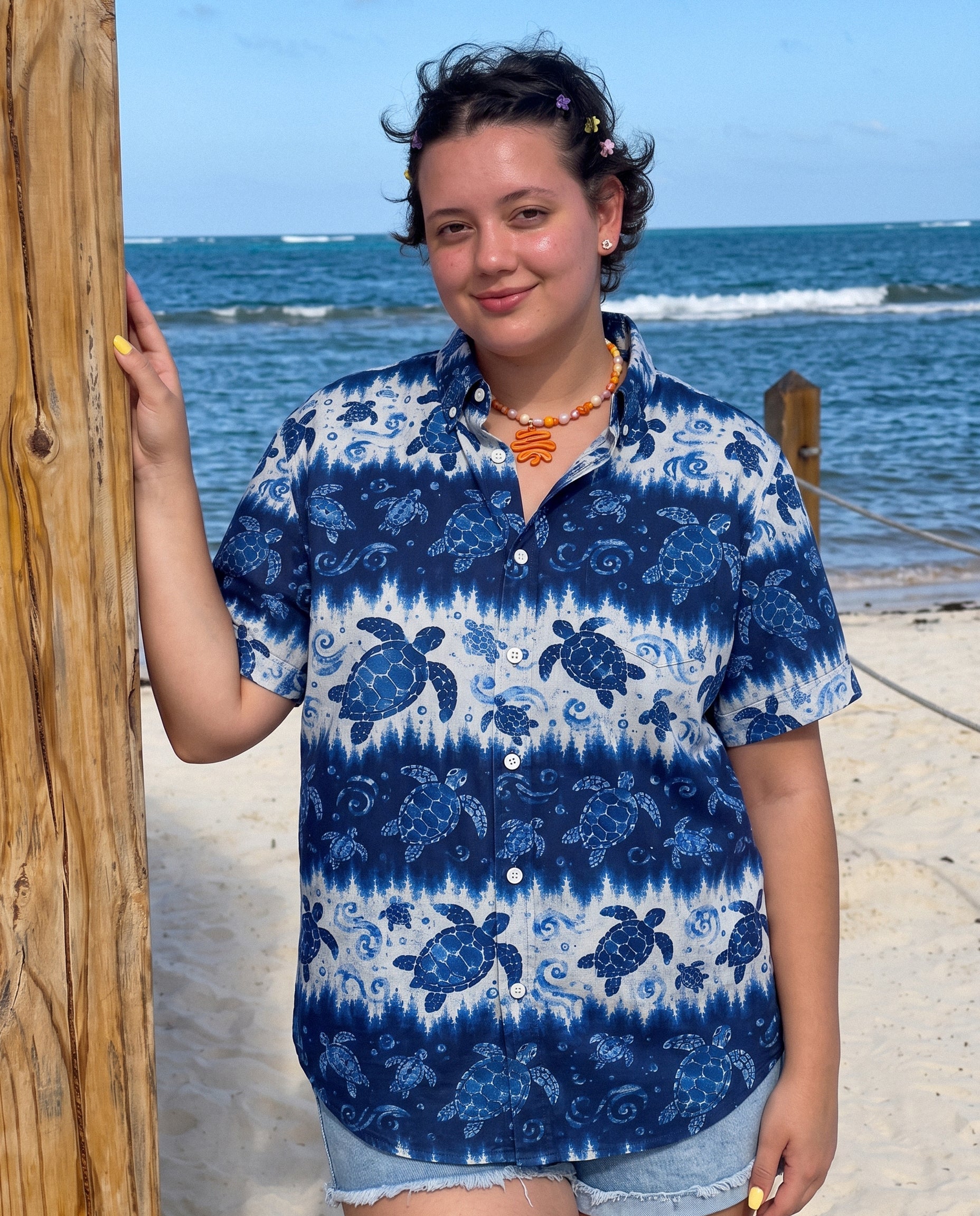 BLUE SEA TURTLE WAVE STRIPE BUTTON-DOWN COLLAR SHIRT - KMTM3006262