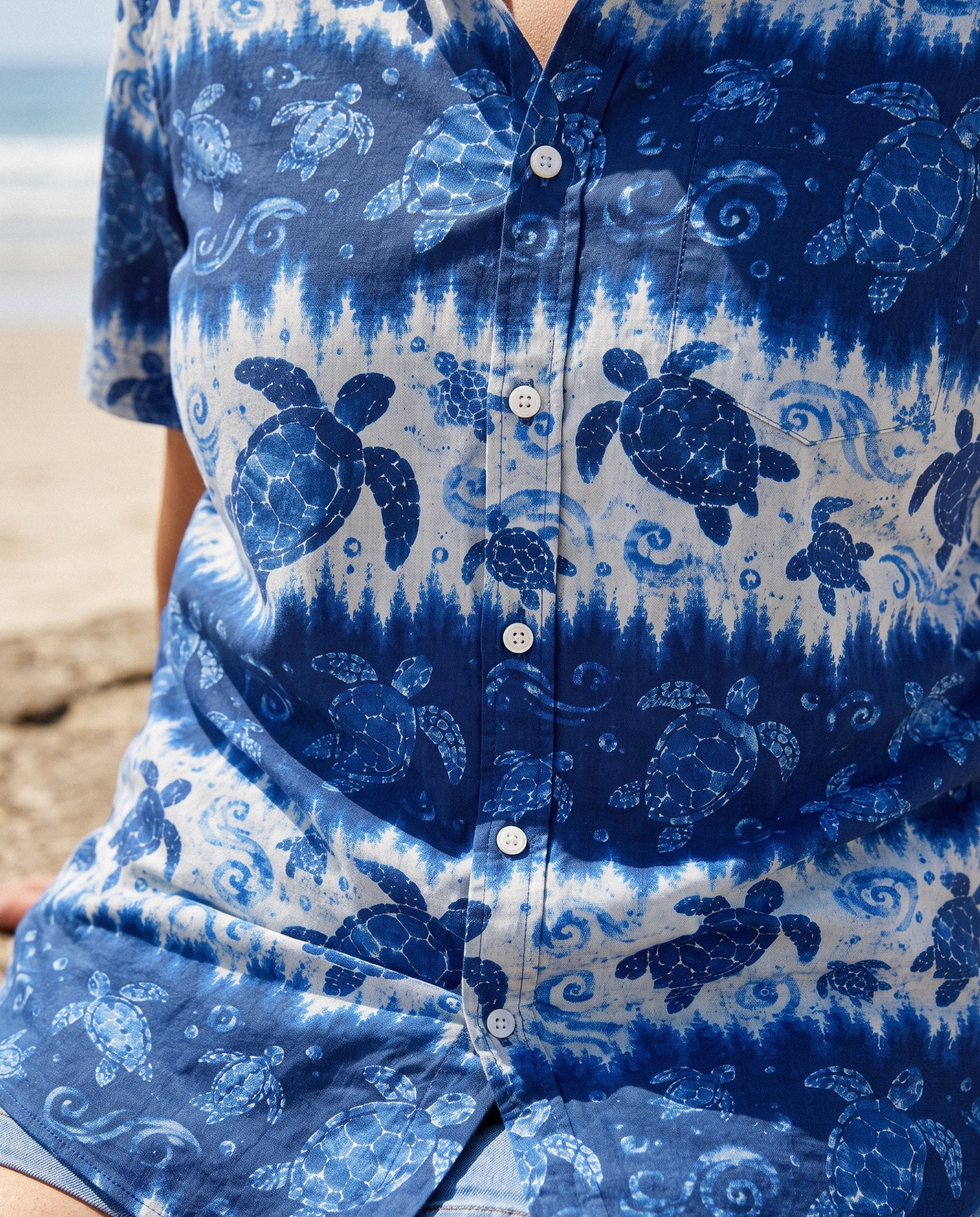 BLUE SEA TURTLE WAVE STRIPE BUTTON-DOWN COLLAR SHIRT - KMTM3006262